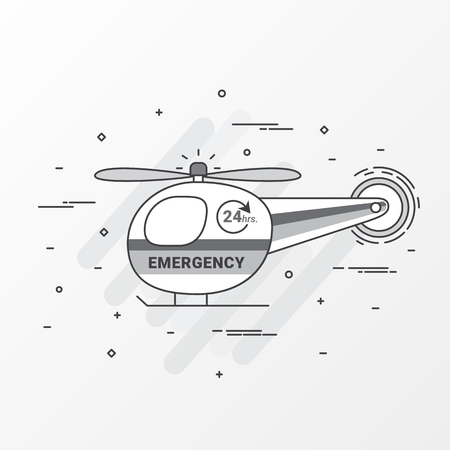 Ambulance helicopter emergency. Air support.  Flat line design for graphic design healthcare, hospital infographic, web site header, ambulance service, and mobile apps. Vector illustration.のイラスト素材