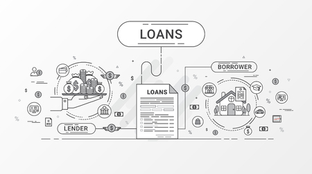 Loan Infographics. Loan agreement between the lender and the borrower. Flat line icons design contains loan offer, finance, money, bank, creditor, and debtor. Vector illustration.のイラスト素材