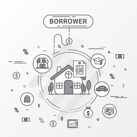 Borrower infographics design concept about borrowers and lenders. Take on loan. Flat line vector image contains loan shopping, education, trading, home loan trading, commerce, and business.のイラスト素材