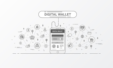 Digital wallet and Mobile wallet . Payment from or via a mobile device. Flat line style design for web banner, commercial, poster design and advertising. Vector illustration.のイラスト素材