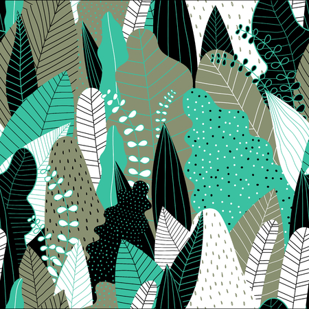 Seamless pattern with leaves. Hand drawn tropical background. Vector illustration.のイラスト素材