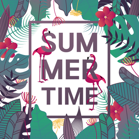 Summertime banner with flamingo, typography, and tropical leaves background for promotion banner, flyer, party poster, printing and website. Vector illustration.のイラスト素材