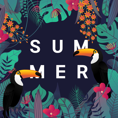 Summer banner with Toco toucan bird , typography, and tropical leaves and flower background for promotion banner, flyer, party poster, printing and website. Vector illustration.のイラスト素材