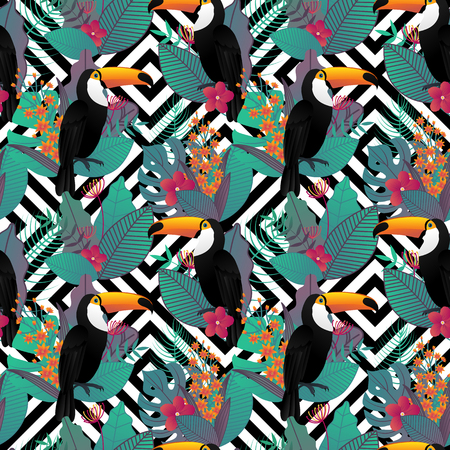 Seamless pattern with Toco toucan bird and tropical leaves and flowers on geometric background for printing and website design, wallpaper and textile fabric print. Vector illustration.のイラスト素材