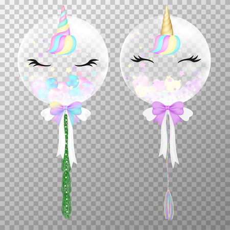 Unicorn balloons on transparent background. Realistic cute helium unicorn balloons colorful vector illustration. Party balloons decorations wedding, birthday, celebration and anniversary card design.のイラスト素材