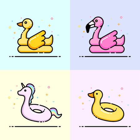 Animal rubber ring icon collection in pastel color. Kawaii unicorn, flamingo, duck, swim ring logo for social media banner, summer poster and app icon design.のイラスト素材