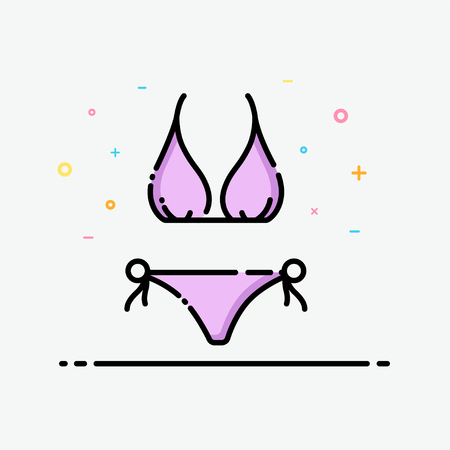 Swimwear icon in flat line style. Purple one piece swimsuit. Cute bikini pastel color for social media banner, summer poster and app icon design.のイラスト素材
