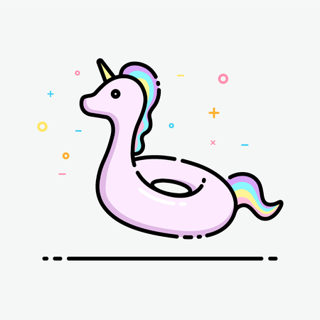 Unicorn swim ring icon in flat line design. Kawaii unicorn inflatable rubber ring in pastel color for social banner and printing design.のイラスト素材