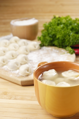 wonton soup asia food on the bamboo tableの写真素材