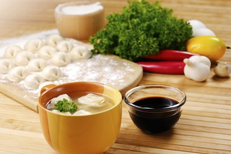 won-ton soup asia food on the bamboo tableの写真素材