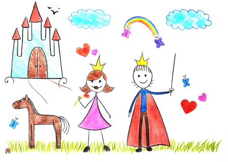 Kids drawing princess and prince picture on the wooden tableの写真素材