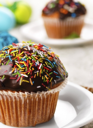 Chocolate easter muffin on the white plate の写真素材