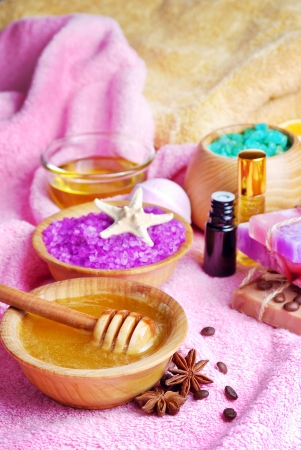 Spa setting with natural soap and sea salt closeupの写真素材