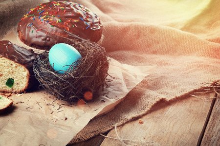 Easter bread and  cakes on the wooden table closeup