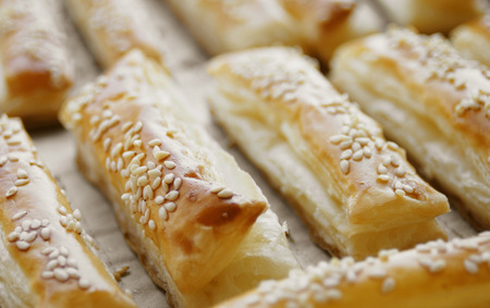 Just baked crunchy puff pastry on the dishの写真素材