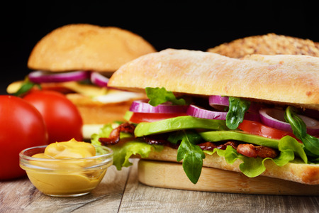 Homemade tasty sandwich with meat and vegetablesの写真素材