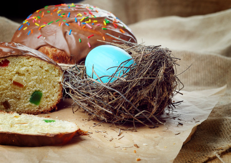 Easter bread and  cakes on the wooden table closeup