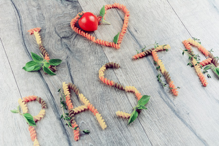 I-love-pasta sign on the wooden tableの写真素材