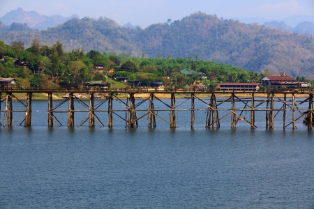 Closed of the longest bridge at Songkalia river, Thailand.の写真素材