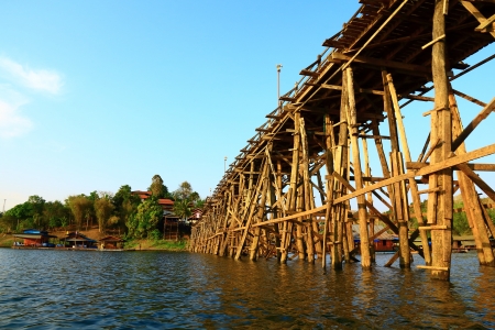 Close up of the longest bridge at Songkalia river, Thailand, Ant view.の写真素材