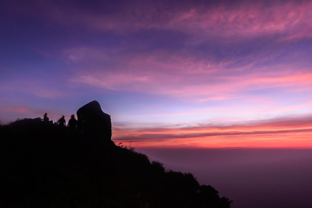 Beautiful sunrise scene at Peak of Mokoju mountain at sunset, Kamphaeng Phet, Thailand.の写真素材