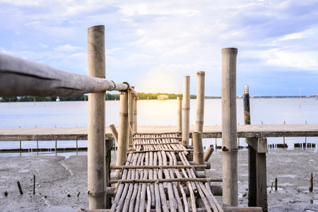 Bamboo bridge connected with cement bridge at river mouth.の写真素材