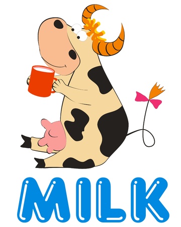 Cartoon  cow with mug of milk, vectorのイラスト素材