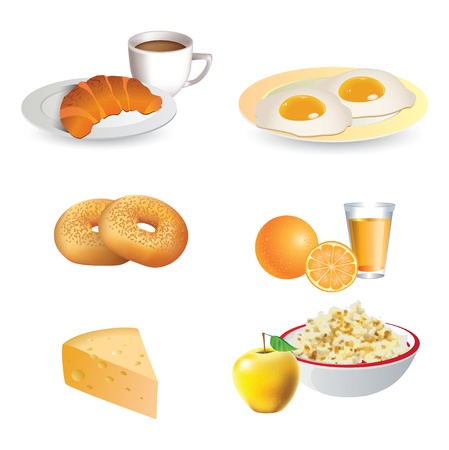 Breakfast icon set - cheese, coffee, croissant, eggs, bagels,  fruitのイラスト素材