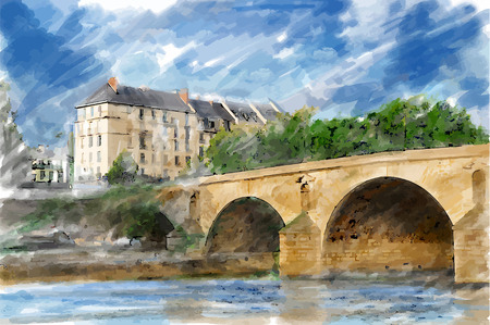 Illustration of city bridge. Watercolor style. のイラスト素材