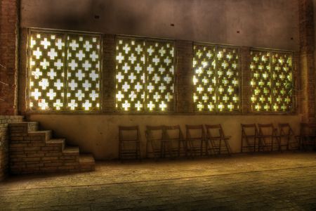 Spring sunrise viewed from the barn of an Italian country farm houseの写真素材