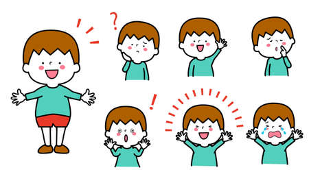 Boy's expression and singing, joy, doubt, trouble, solution, tearsのイラスト素材