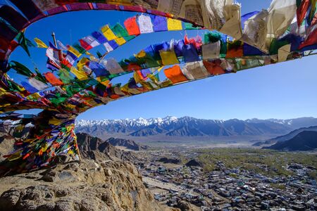View of Leh city with mountain range background from Namgyal Tsemo Gompa in Leh, Ladakh, India.の写真素材