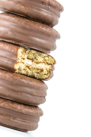 Bite chocolate cream pie on rowの写真素材