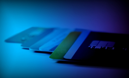 Credit cards in blue color lightingの写真素材