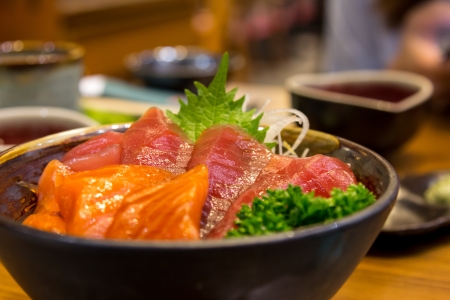 Salmon and tuna set on table の写真素材