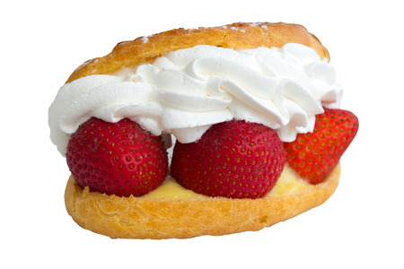 Strawberry cream with bread on white backgroundの写真素材