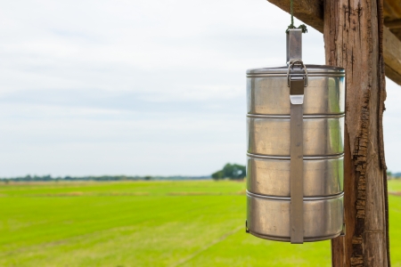 The tiffin carrier on green field backgroundの写真素材