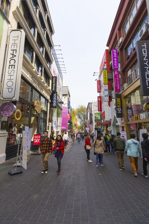 Seoul, South Korea - April 12, 2015: Myeongdong is one of Seoulのeditorial素材