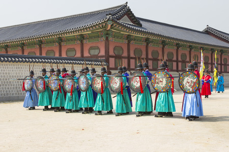 Seoul, South Korea - April 11, 2015: Koreans in Traditional Costumes Performing practice of the Royal Guard Ceremony at Gyeongbokgung Palaceのeditorial素材