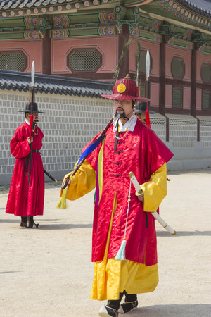 Seoul, South Korea - April 11, 2015: Koreans in Traditional Costumes Performing practice of the Royal Guard Ceremony at Gyeongbokgung Palaceのeditorial素材