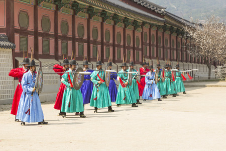 Seoul, South Korea - April 11, 2015: Koreans in Traditional Costumes Performing practice of the Royal Guard Ceremony at Gyeongbokgung Palaceのeditorial素材