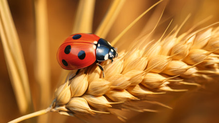 A ladybug walking along a blade of wheat against the field backdrop.の素材