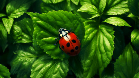 Ladybug on the grass macro close-up, top view.の素材