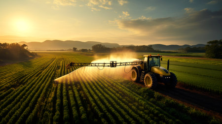 Tractor spraying pesticides on green field with sprayer at spring. agriculture background concept.の素材