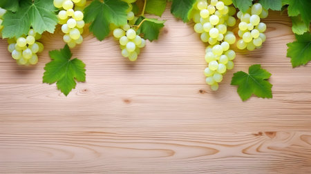 bunches of white grapes with leaves on a light wooden table copy space for text .の素材