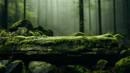 Green mossy fairytale forest with beautiful light from the sun shining between the trees in the mist. Mysterious cozy atmosphere.の素材
