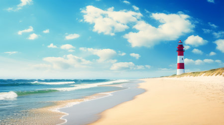 Lighthouse on the sandy shore against a background of blue sky with white clouds on the coast of the island.の素材
