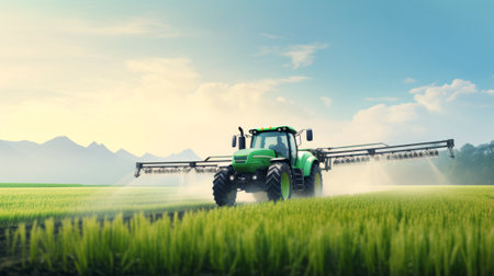 Tractor spraying pesticides on green field with sprayer at spring. agriculture background concept.の素材