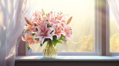 Bouquet of pastel pink lilies close up on a table. Vase of pink lilies .の素材