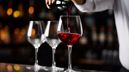 A bartender pours red wine from a bottle into a glass in a restaurant. Sommelier tasting wine in a restaurant.の素材